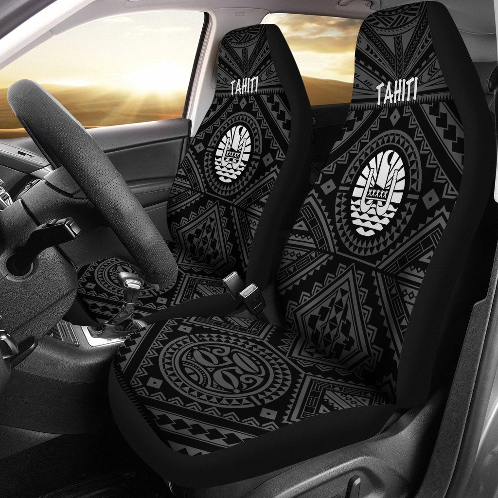 Tahiti Car Seat Covers - Tahiti Seal In Polynesian Tattoo Style (Black) Universal Fit Black - Polynesian Pride