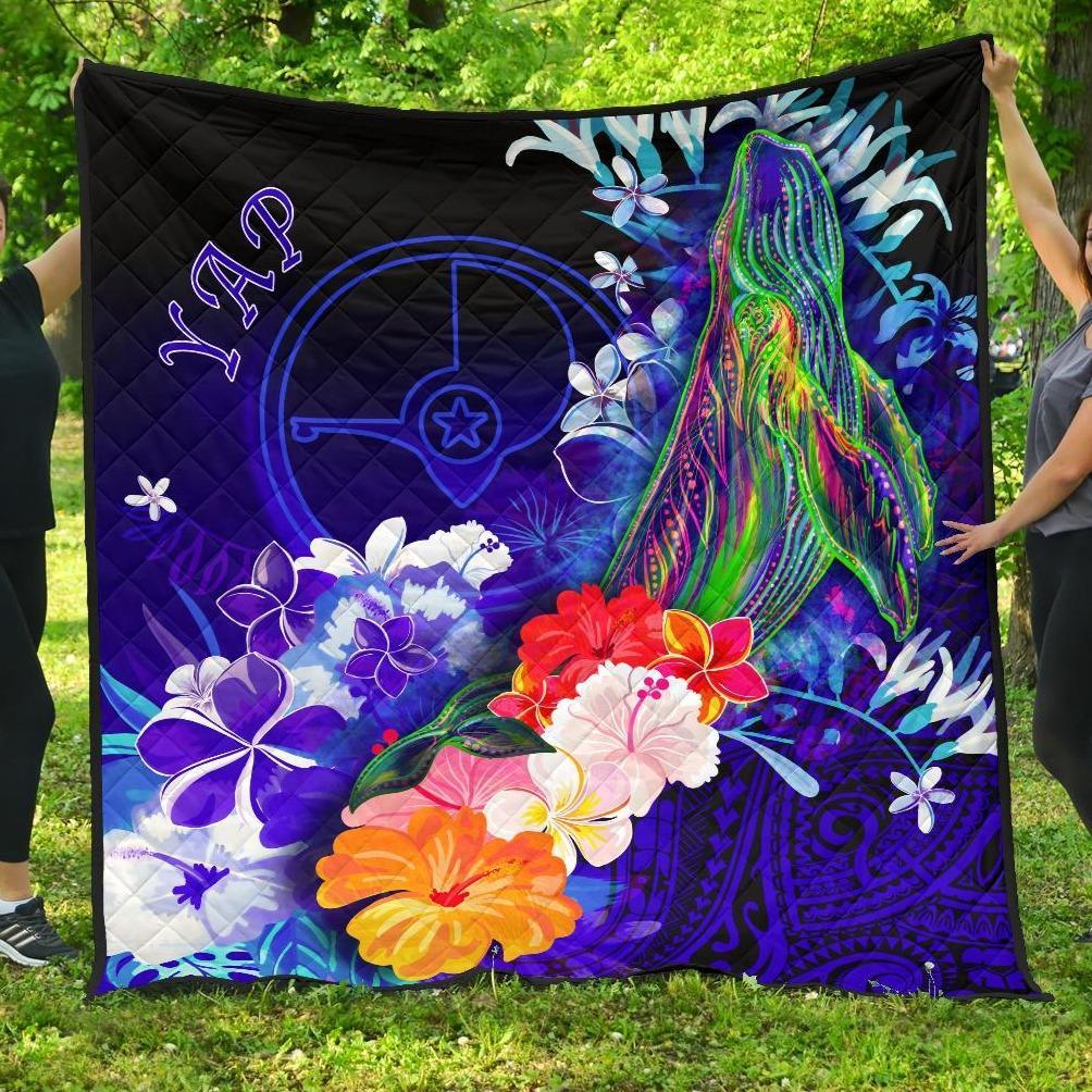 Yap Premium Quilt - Humpback Whale with Tropical Flowers (Blue) Blue - Polynesian Pride