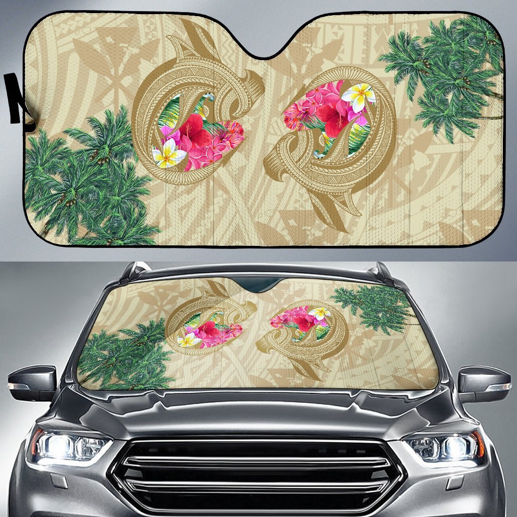 Hawaii Kanaka Maoli Plumeria Palm Trees Hammer Car Sun Shade Auto Sun Shade Universal Fit Black - Polynesian Pride