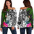 New Caledonia Off Shoulder Sweater - Turtle Plumeria Banana Leaf Crest Black - Polynesian Pride