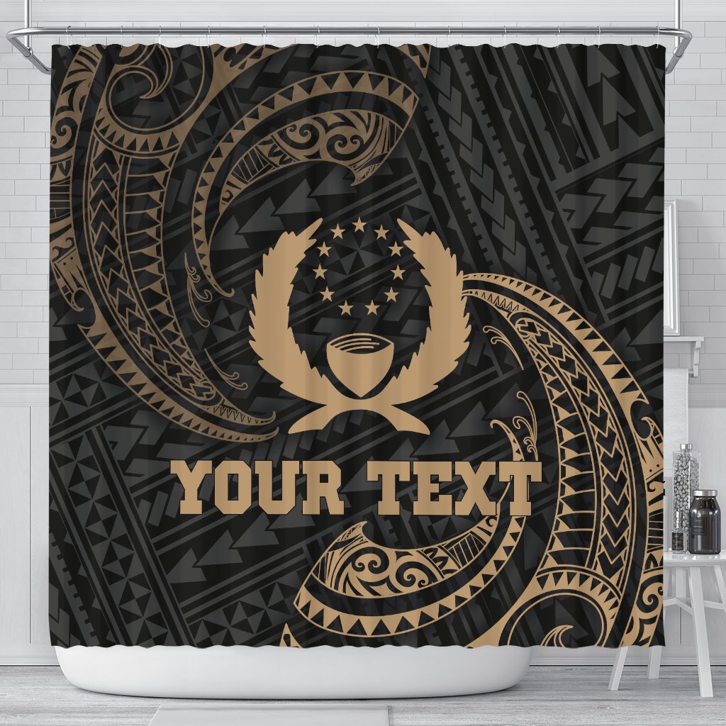 Pohnpei Micronesia Custom Personalised Shower Curtain - Gold Tribal Wave 177 x 172 (cm) Black - Polynesian Pride