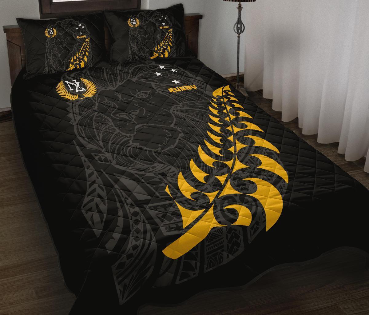 New Zealand Maori Lion Rugby Quilt Bed Set Black - Polynesian Pride