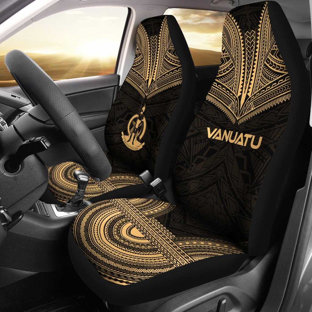 Vanuatu Car Seat Cover - Vanuatu Coat Of Arms Polynesian Chief Tattoo Gold Version Universal Fit Gold - Polynesian Pride