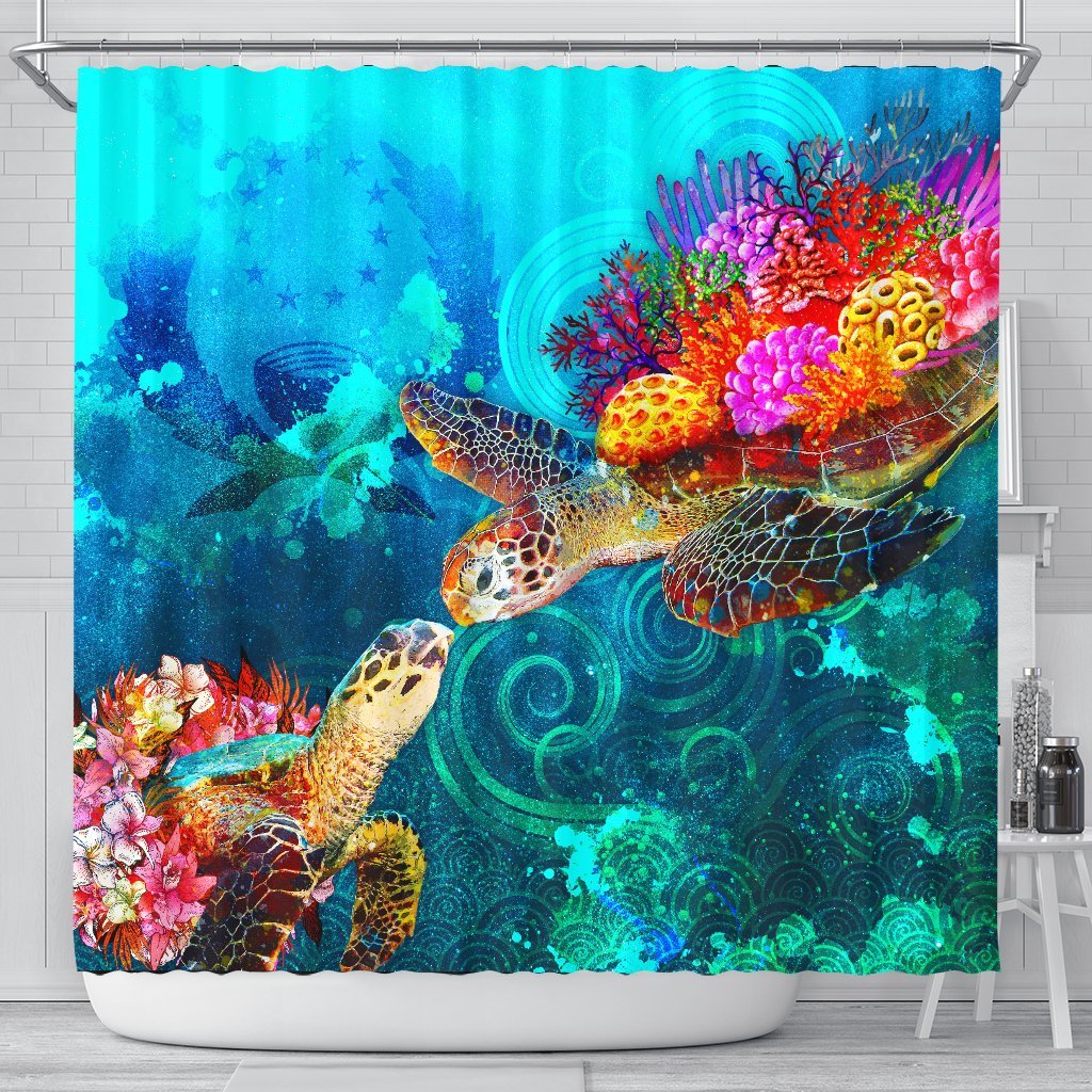 Pohnpei Shower Curtain - Sea Turtle Coral Treasure 177 x 172 (cm) BLACK - Polynesian Pride