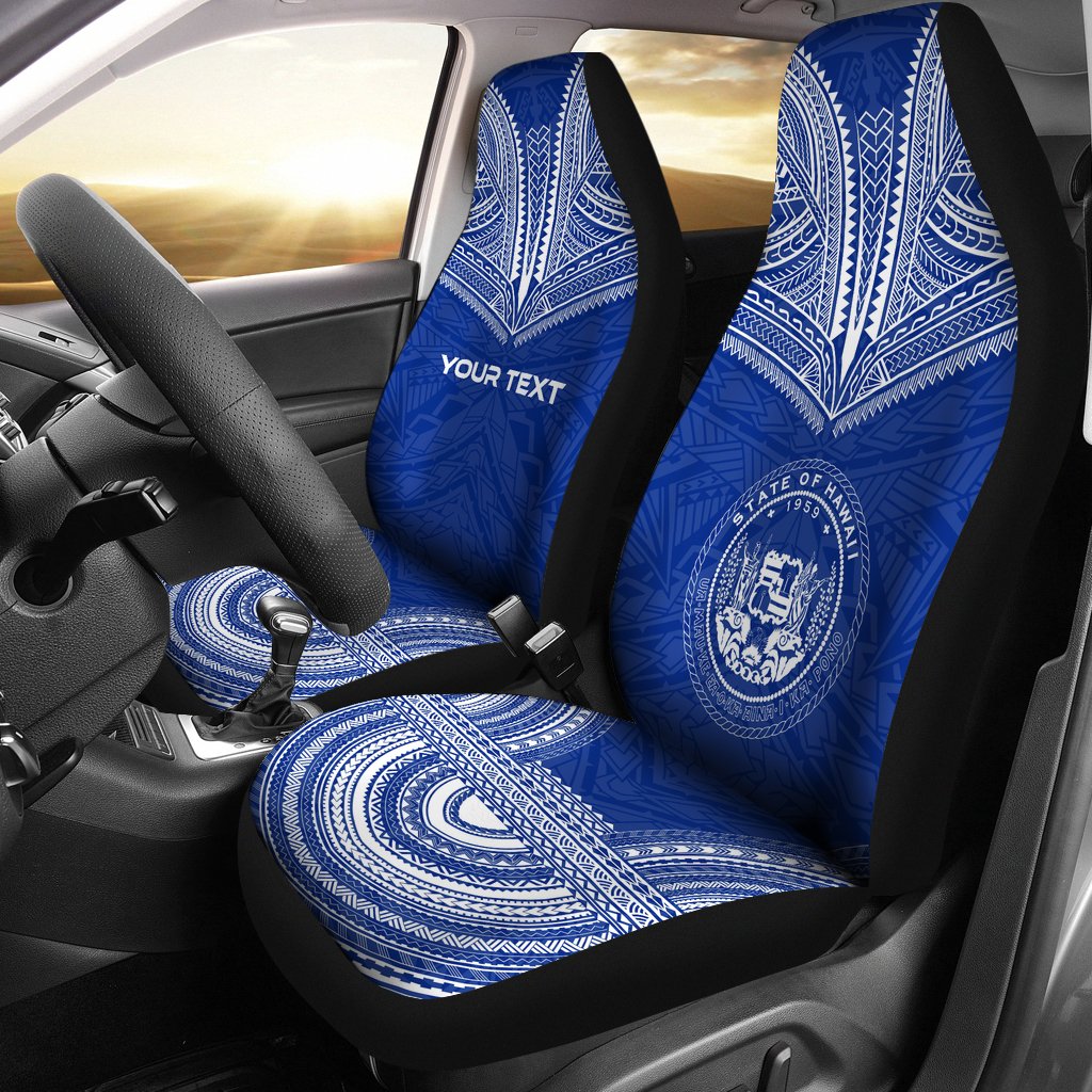 Hawaii Custom Personalised Car Seat Cover - Hawaii Seal Polynesian Chief Tattoo Blue Version Universal Fit Blue - Polynesian Pride