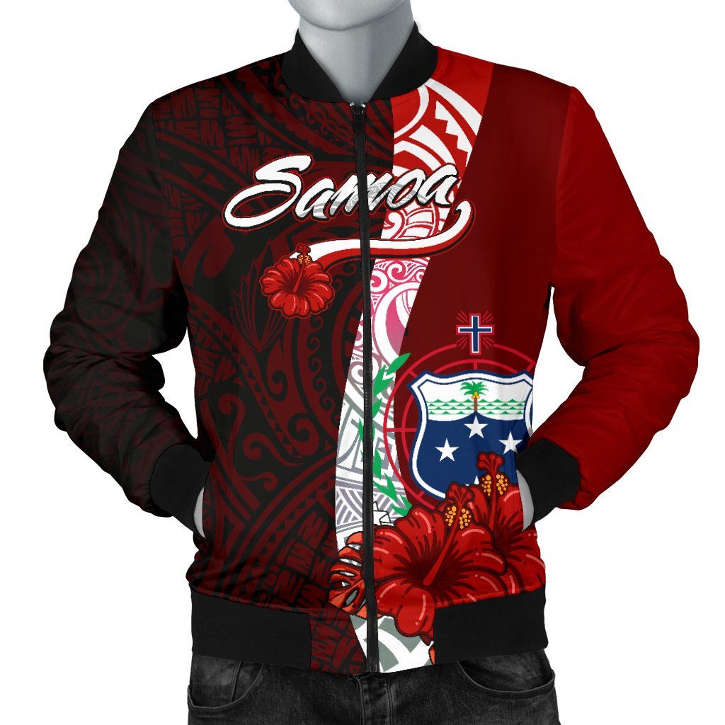 Samoa Polynesian Men's Bomber Jacket - Coat Of Arm With Hibiscus Red - Polynesian Pride