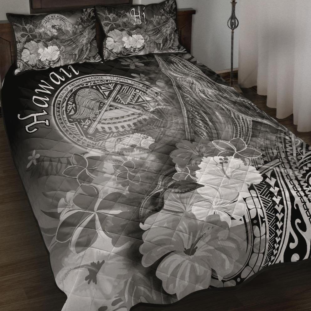 Polynesian Hawaii Quilt Bed Set - Humpback Whale with Tropical Flowers (White) White - Polynesian Pride