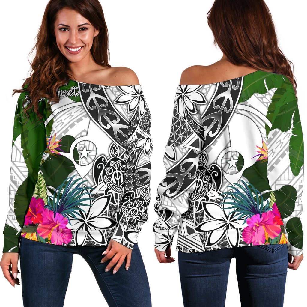 Yap Custom Personalised Women's Off Shoulder Sweater White - Turtle Plumeria Banana Leaf White - Polynesian Pride