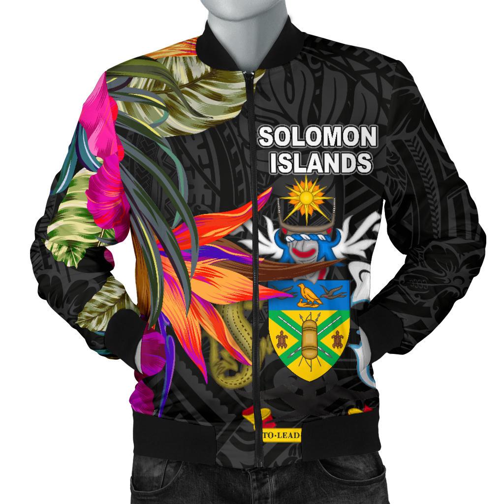 Solomon Islands Men's Bomber Jacket - Polynesian Hibiscus Pattern Black - Polynesian Pride