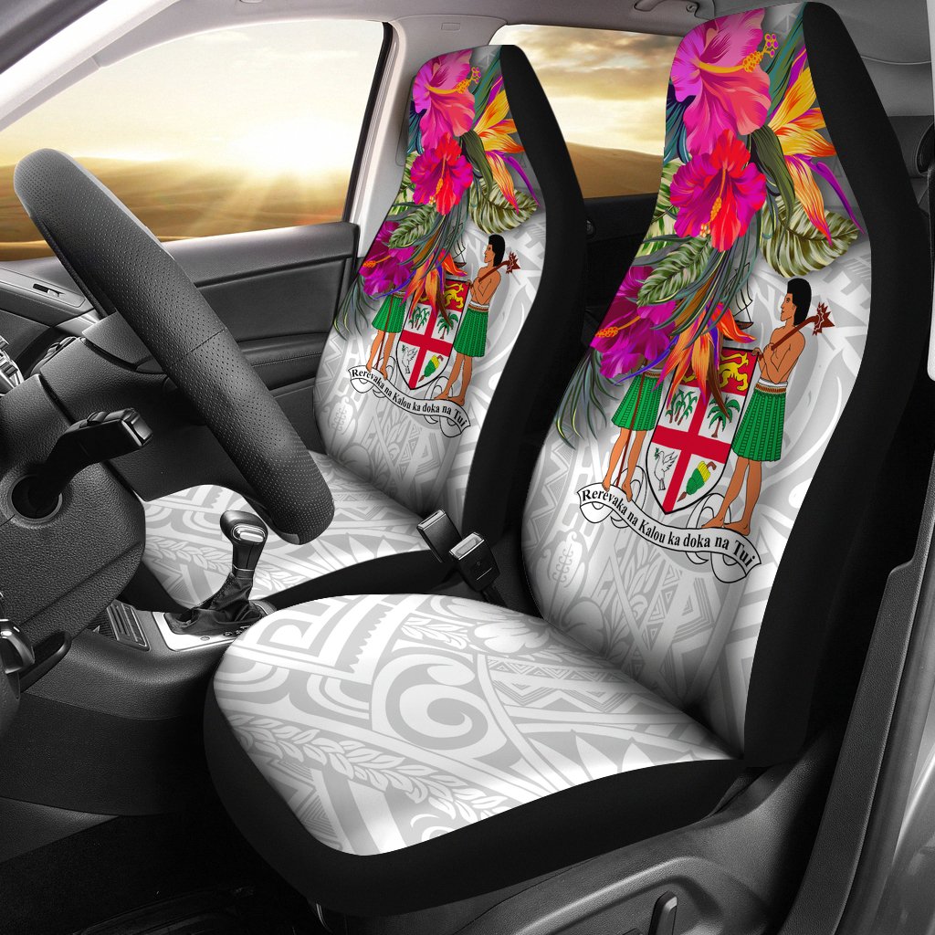 Fiji Polynesian Car Seat Covers - Hibiscus White Pattern Universal Fit White - Polynesian Pride