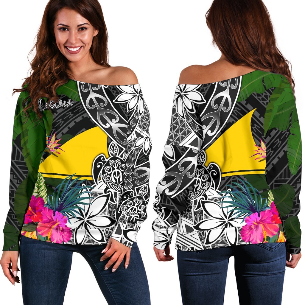 Tokelau Off Shoulder Sweater - Turtle Plumeria Banana Leaf Black - Polynesian Pride