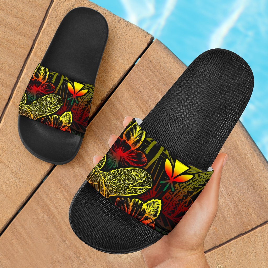 Polynesian Hawaii Sandals - Turtle Hibiscus Pattern Reggae Black - Polynesian Pride