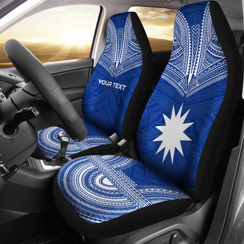 Nauru Custom Personalised Car Seat Cover - Nauru FLag Polynesian Chief Tattoo Blue Version Universal Fit Blue - Polynesian Pride