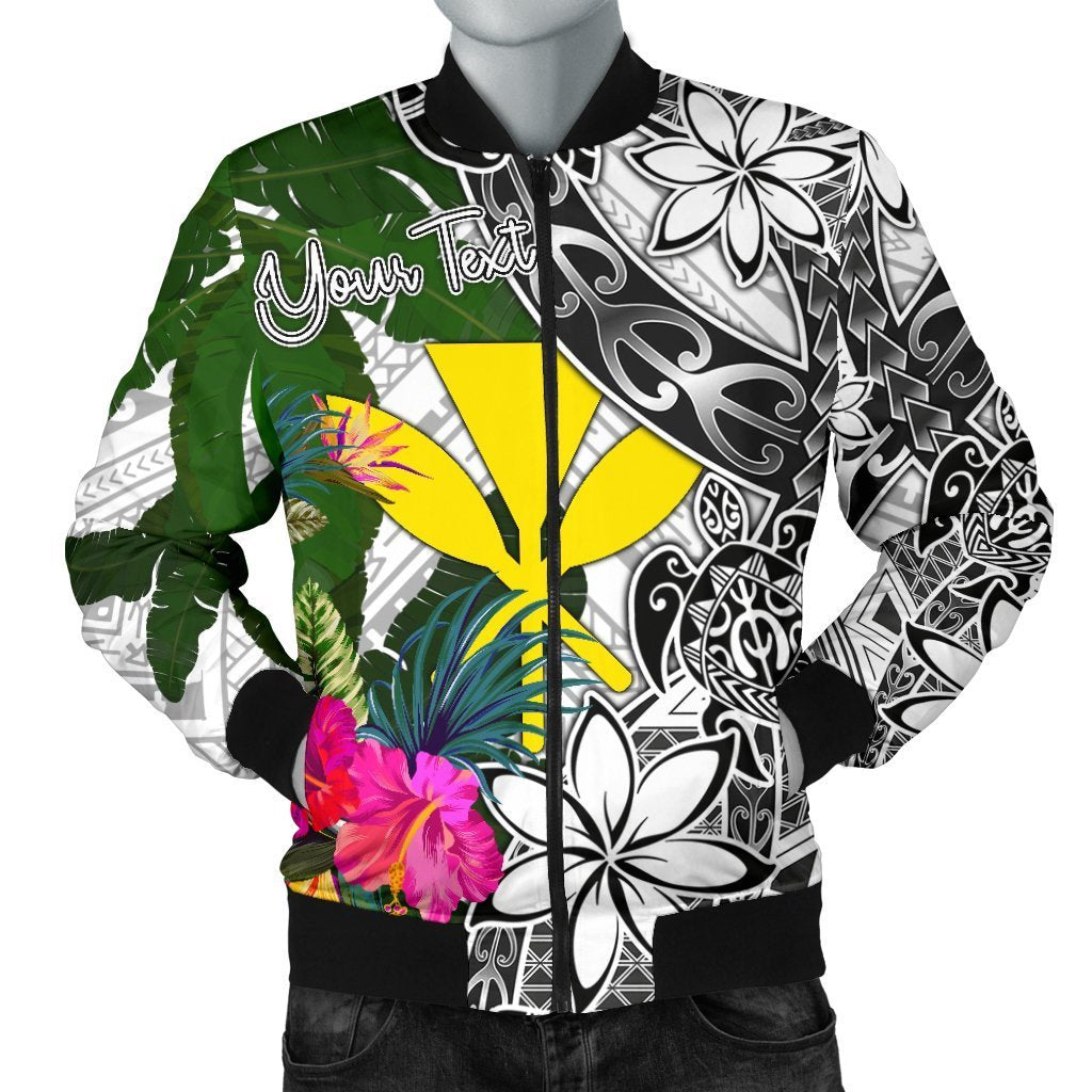 Hawaii Custom Personalised Men's Bomber Jacket White - Turtle Plumeria Banana Leaf White - Polynesian Pride