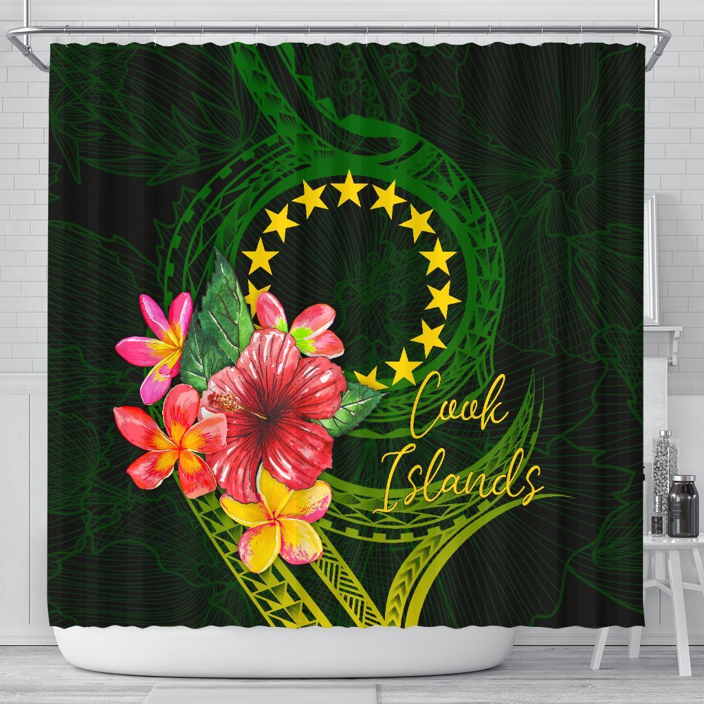 Cook Islands Polynesian Shower Curtain - Floral With Seal Flag Color 177 x 172 (cm) Green - Polynesian Pride