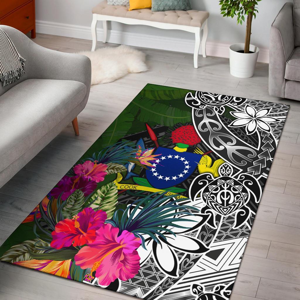 Cook Islands Area Rug - Turtle Plumeria Banana Leaf Black - Polynesian Pride