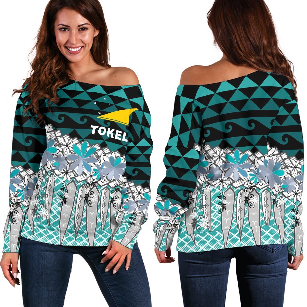 Tokelau Women's Off Shoulder Sweaters - Coconut Leaves Weave Pattern Blue Blue - Polynesian Pride