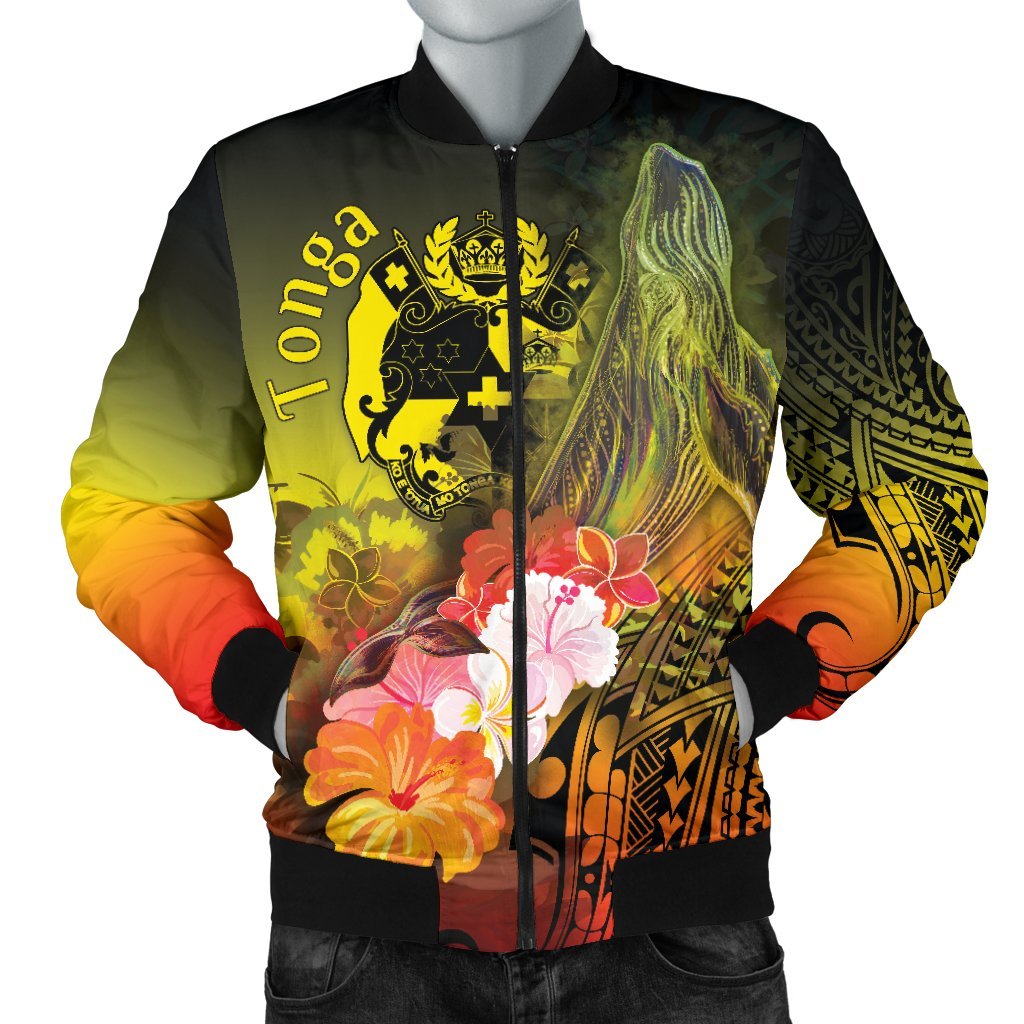 Tonga Men's Bomber Jacket - Humpback Whale with Tropical Flowers (Yellow) Yellow - Polynesian Pride