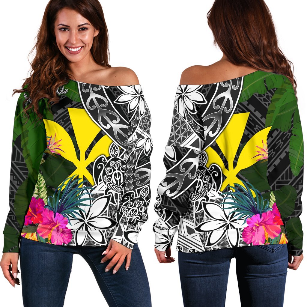 Hawaii Off Shoulder Sweater - Turtle Plumeria Banana Leaf Black - Polynesian Pride