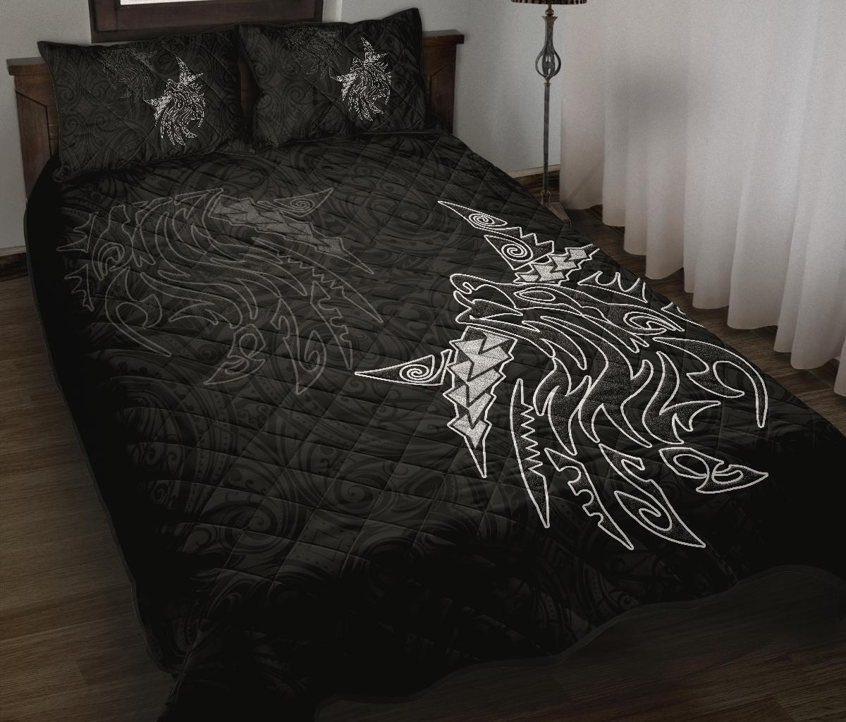 New Zealand Maori Tattoo Wolf Quilt Bed Set Black - Polynesian Pride