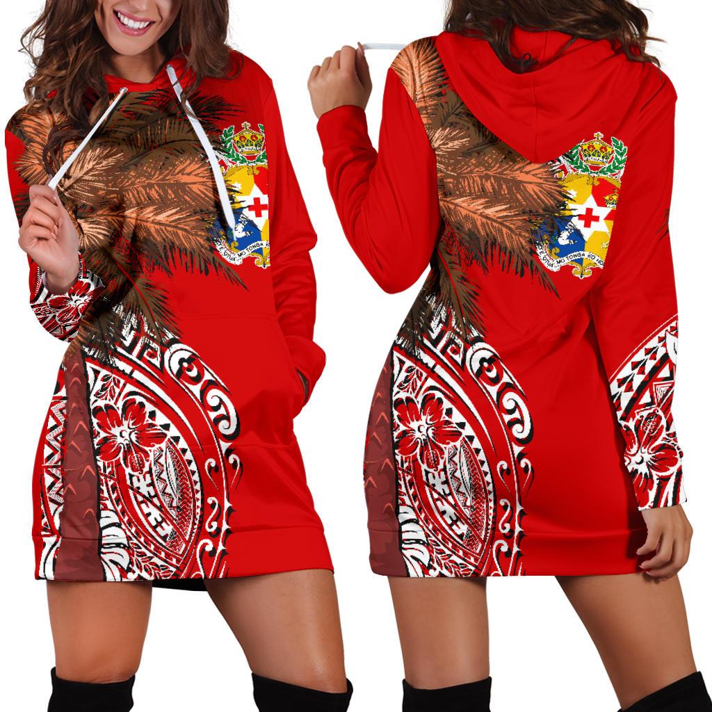 Tonga Women's Hoodie Dress - Polynesian Palm Tree Flag Red - Polynesian Pride