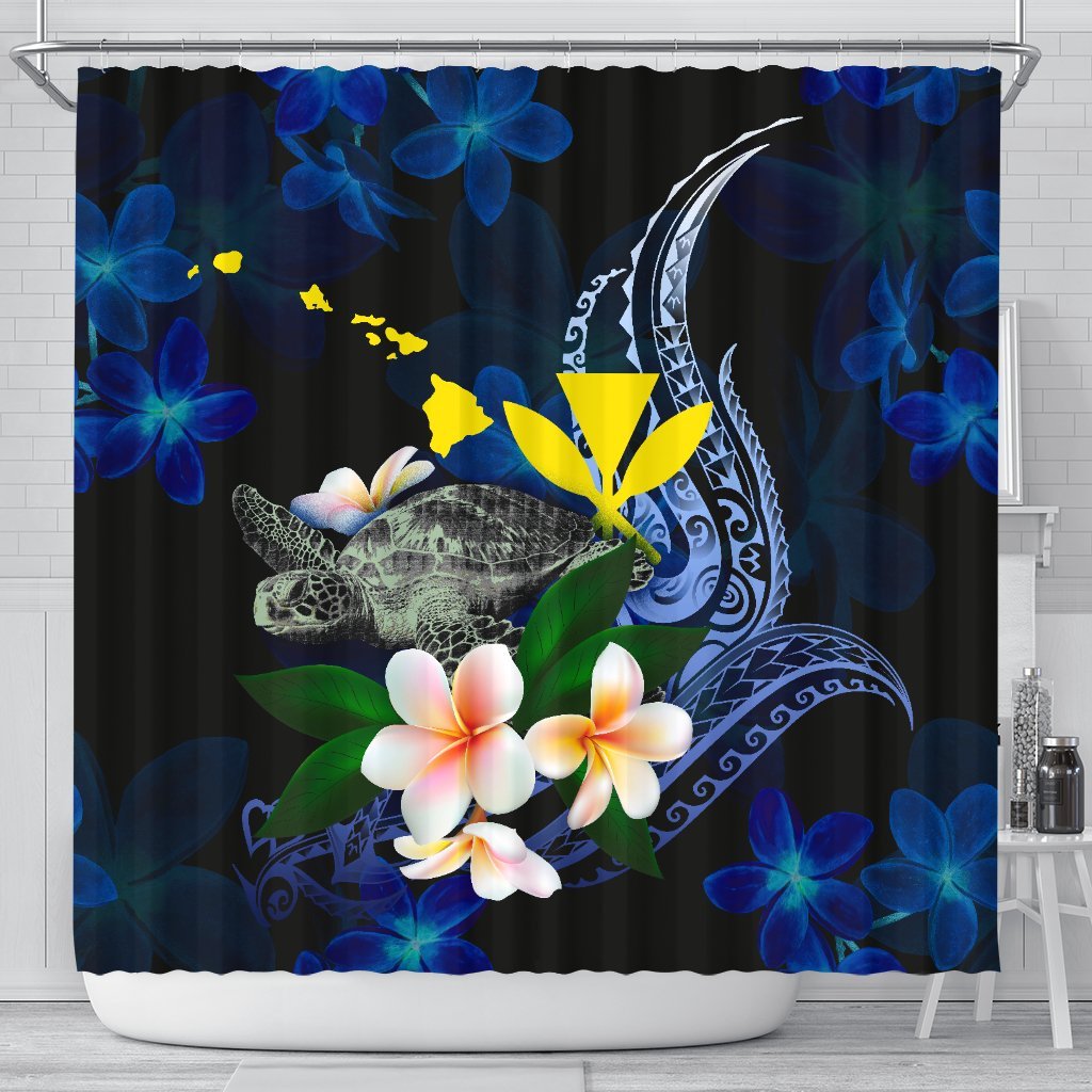 Polynesian Hawaii Shower Curtain - Turtle With Plumeria Flowers 177 x 172 (cm) Blue - Polynesian Pride