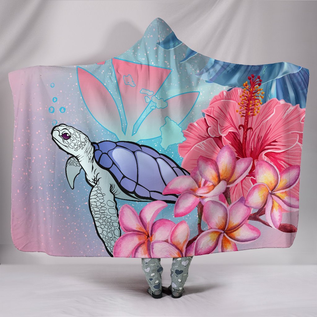 Hawaii Map Kanaka Turtle Galaxy Night Plumeria Hibiscus Hooded Blanket Hooded Blanket Pink - Polynesian Pride