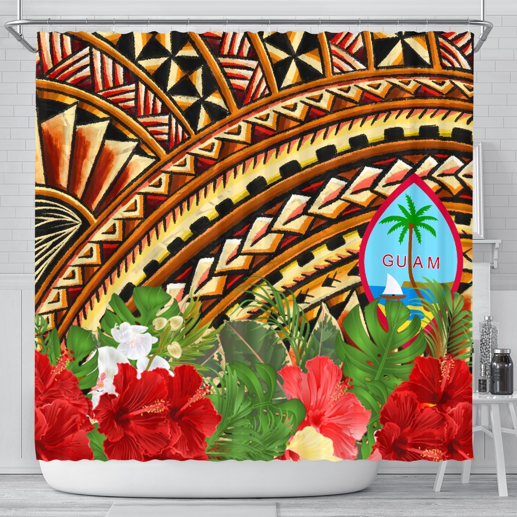 Guam Shower Curtain - Vintage Pattern With Hibiscus Flower 177 x 172 (cm) BLACK - Polynesian Pride