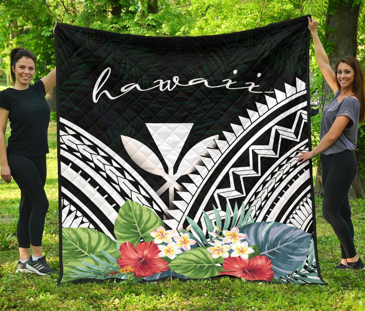 Hawaii Premium Quilt - Hawaii Coat of Arms & Polynesian Tropical Flowers White - Polynesian Pride