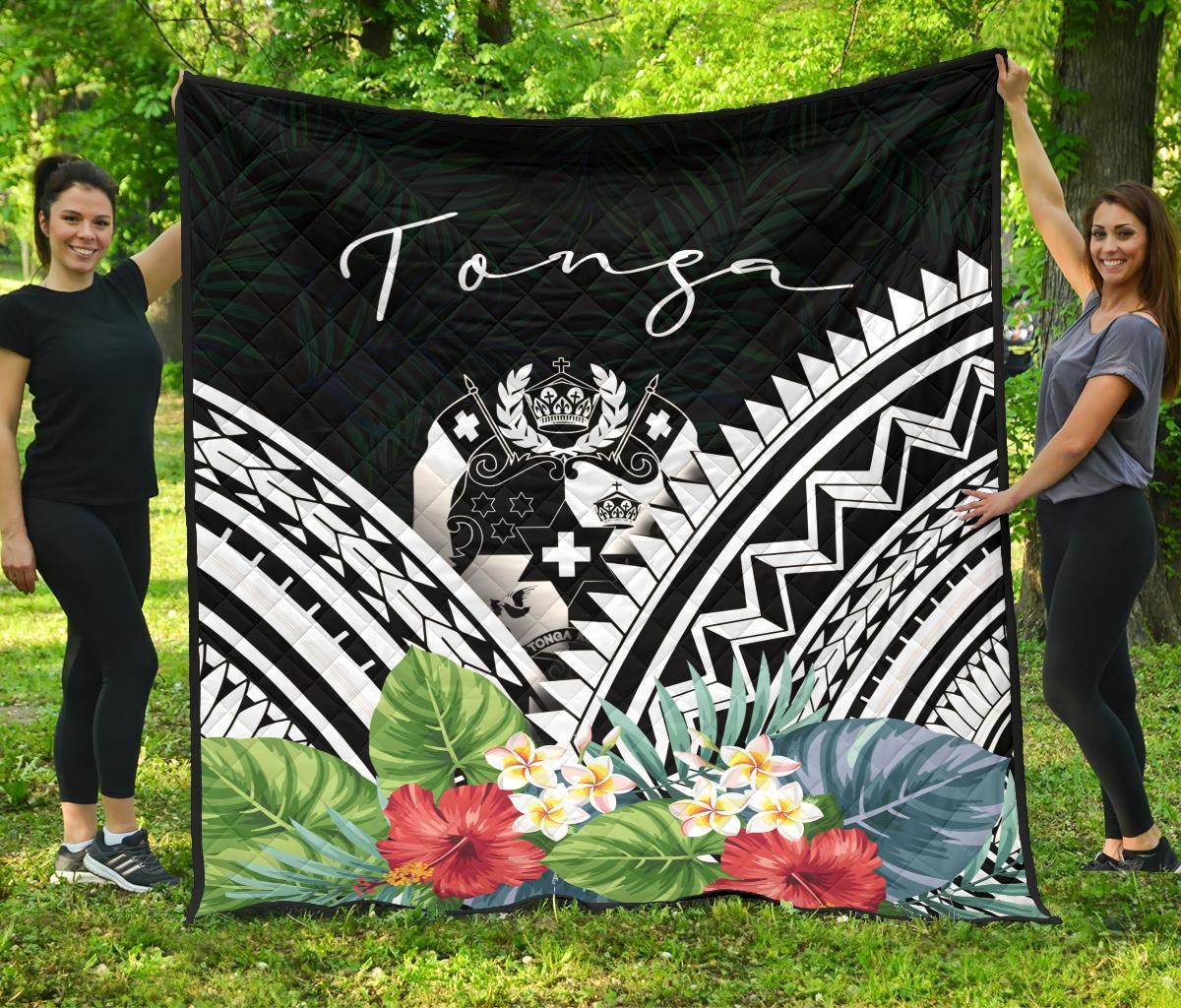 Tonga Premium Quilt - Tonga Coat of Arms & Polynesian Tropical Flowers White - Polynesian Pride