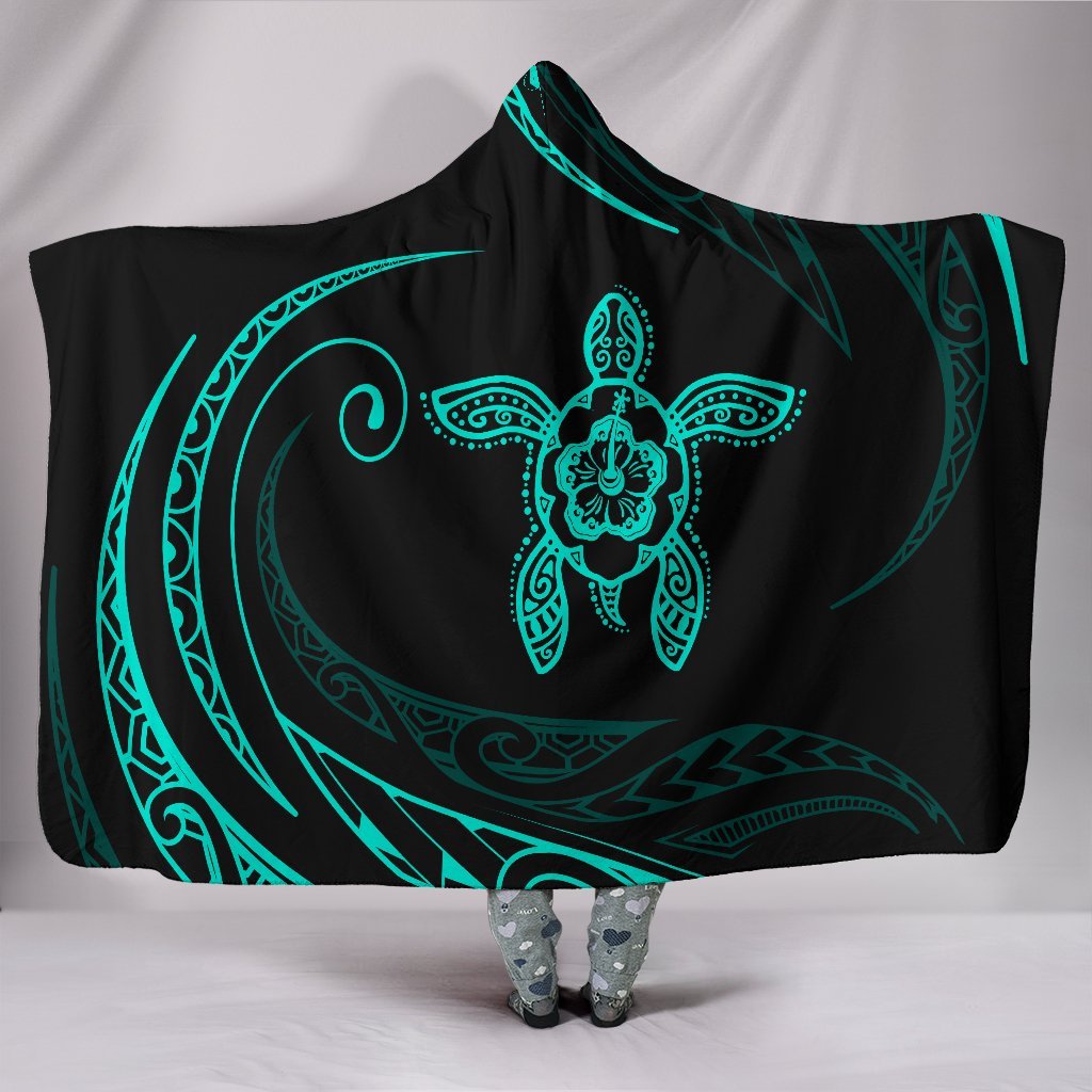 Hawaii Turtle Hibicus Hooded Blanket - Turquoise - Frida Style Hooded Blanket Turquoise - Polynesian Pride