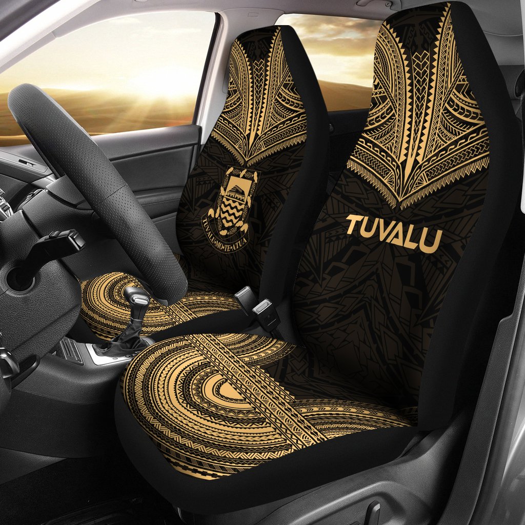 Tuvalu Car Seat Cover - Tuvalu Coat Of Arms Polynesian Chief Tattoo Gold Version Universal Fit Gold - Polynesian Pride