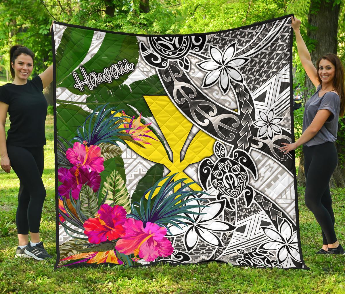 Hawaii Premium Quilt White - Turtle Plumeria Banana Leaf - Polynesian Pride