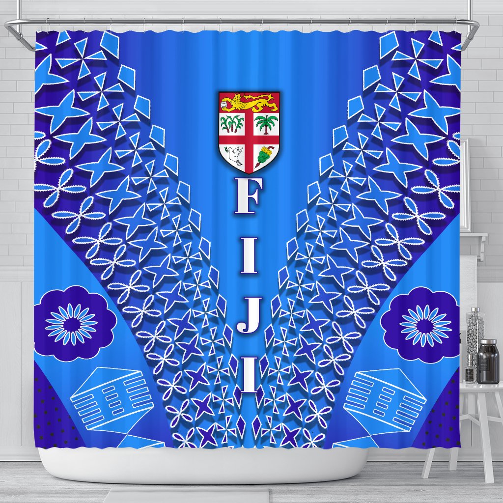 Fiji Drua Shower Curtain Tapa 177 x 172 (cm) Blue - Polynesian Pride