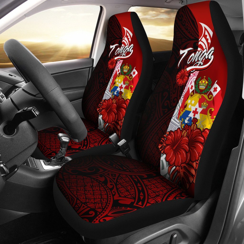 Tonga Polynesian Car Seat Covers - Coat Of Arm With Hibiscus Universal Fit Red - Polynesian Pride