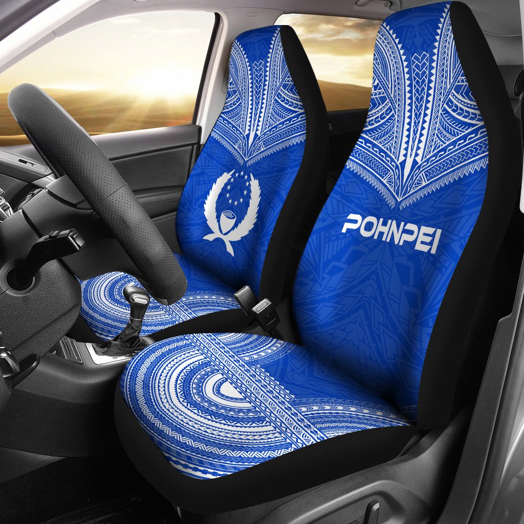 Pohnpei Car Seat Cover - Pohnpei Flag Polynesian Chief Tattoo Blue Version Universal Fit Blue - Polynesian Pride