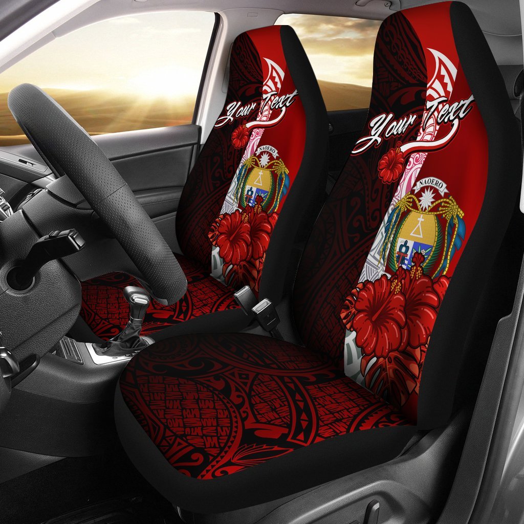 Nauru Polynesian Custom Personalised Car Seat Covers - Coat Of Arm With Hibiscus Universal Fit Red - Polynesian Pride