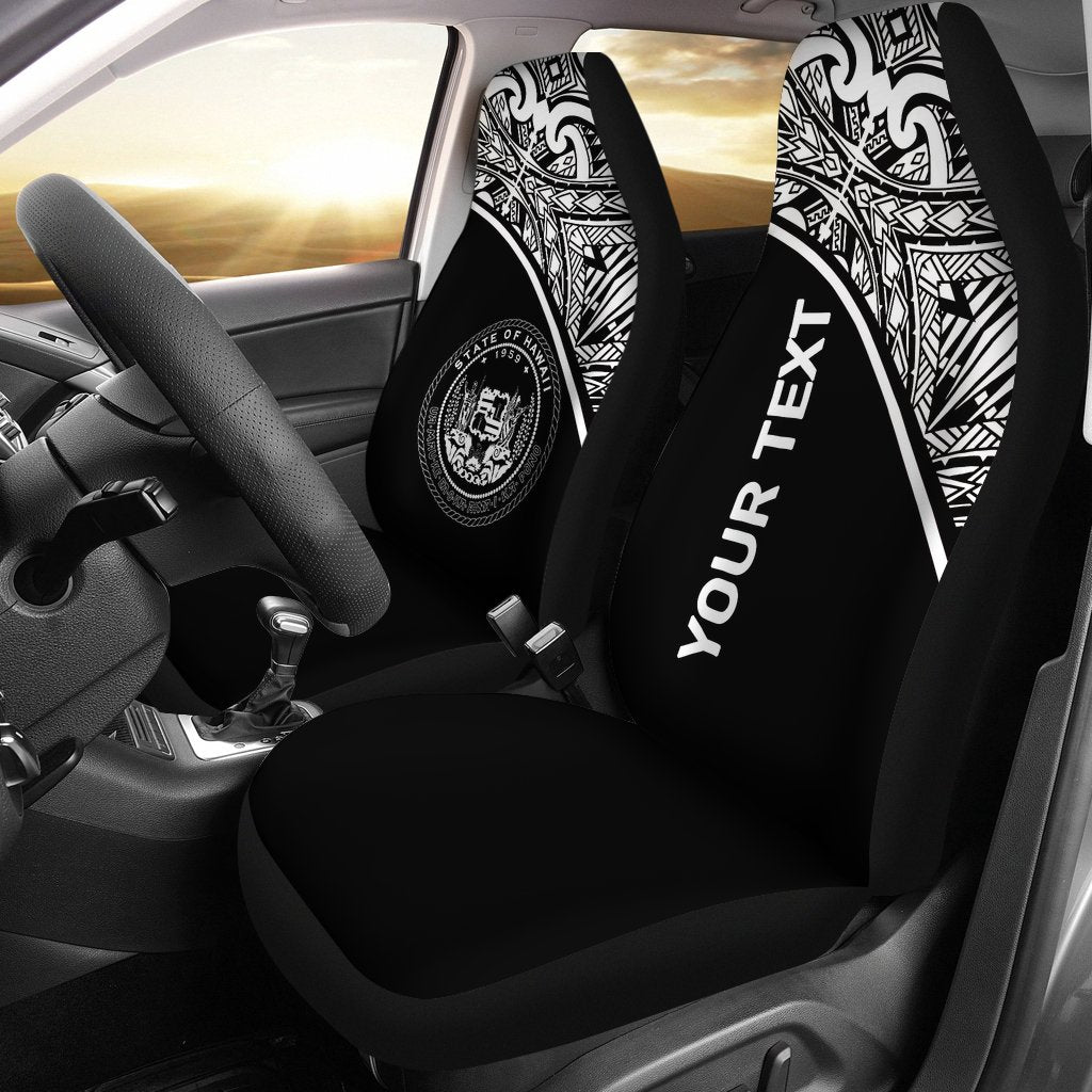 Hawaii Custom Personalised Car Seat Covers - Hawaii Seal Polynesian White Curve Universal Fit Black - Polynesian Pride