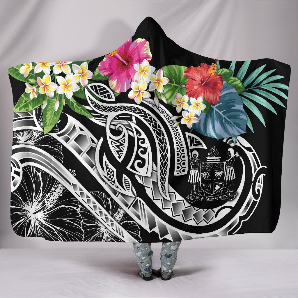 Fiji Polynesian Hooded Blanket - Summer Plumeria (Black) Hooded Blanket Black - Polynesian Pride