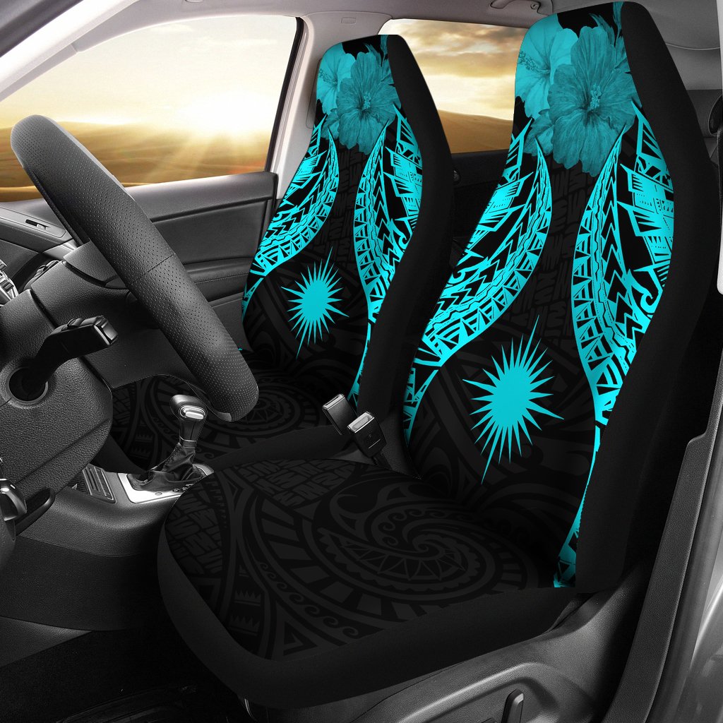 Marshall Islands Polynesian Car Seat Covers Pride Seal And Hibiscus Neon Blue Universal Fit Blue - Polynesian Pride