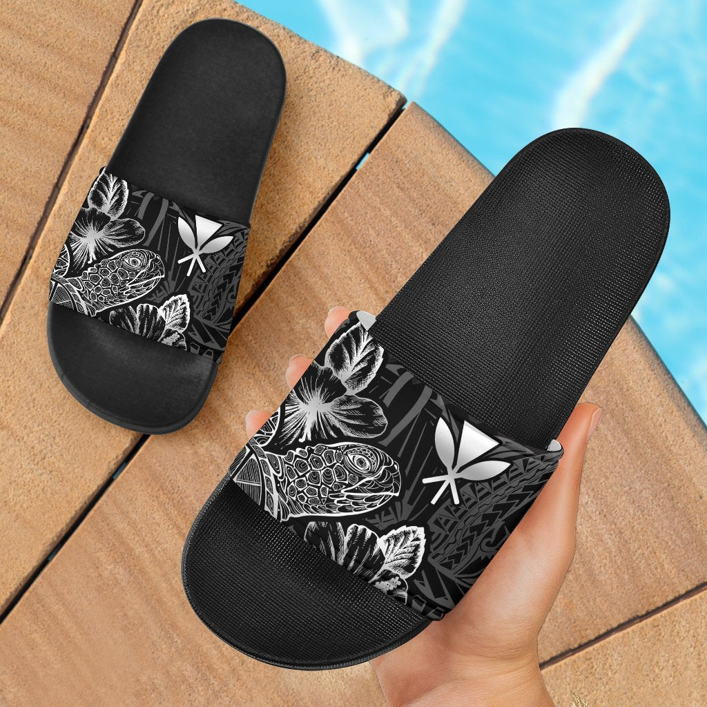 Polynesian Hawaii Sandals - Turtle Hibiscus Pattern Black Black - Polynesian Pride