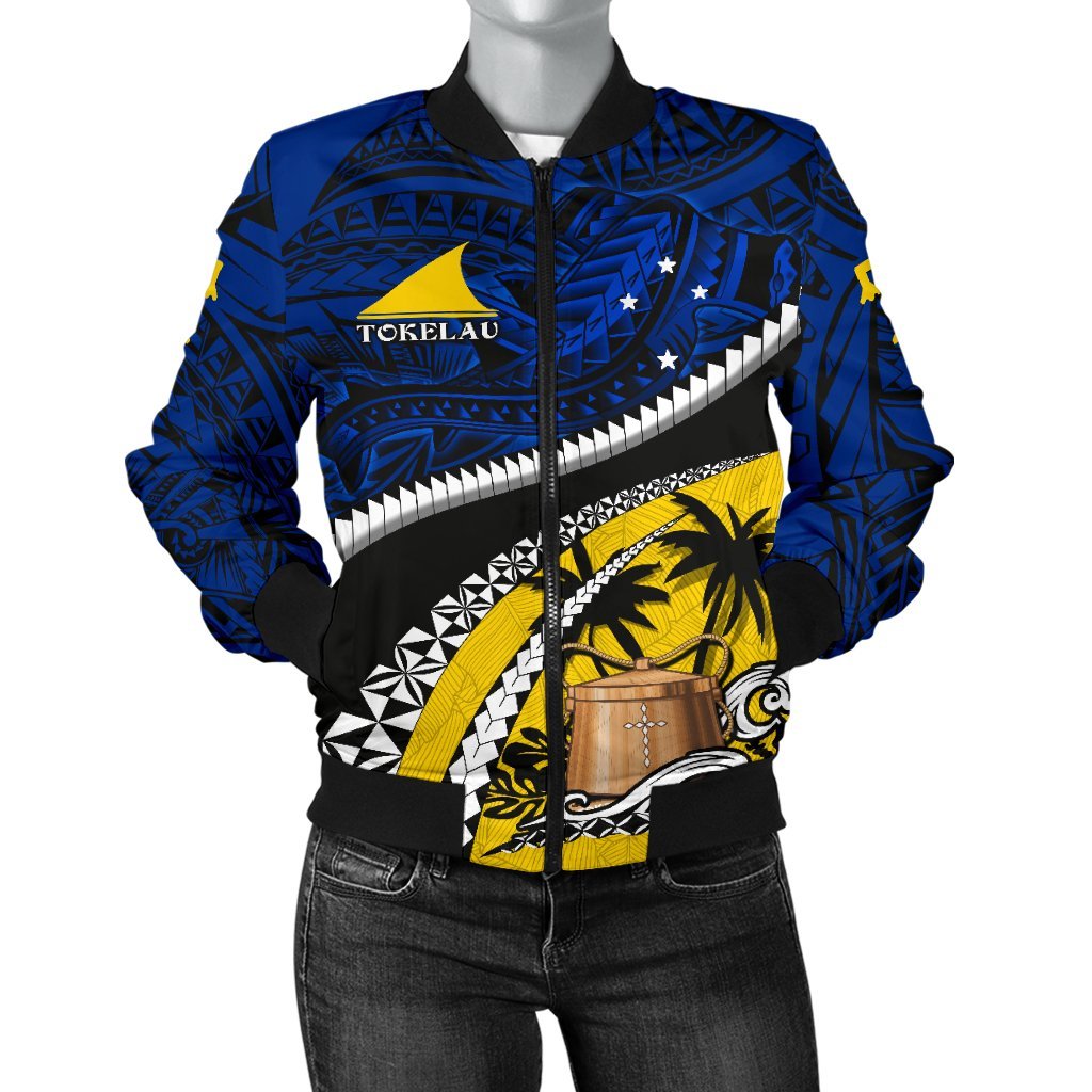 Tokelau Women's Bomber Jacket Polynesian Shark Tattoo Blue - Polynesian Pride