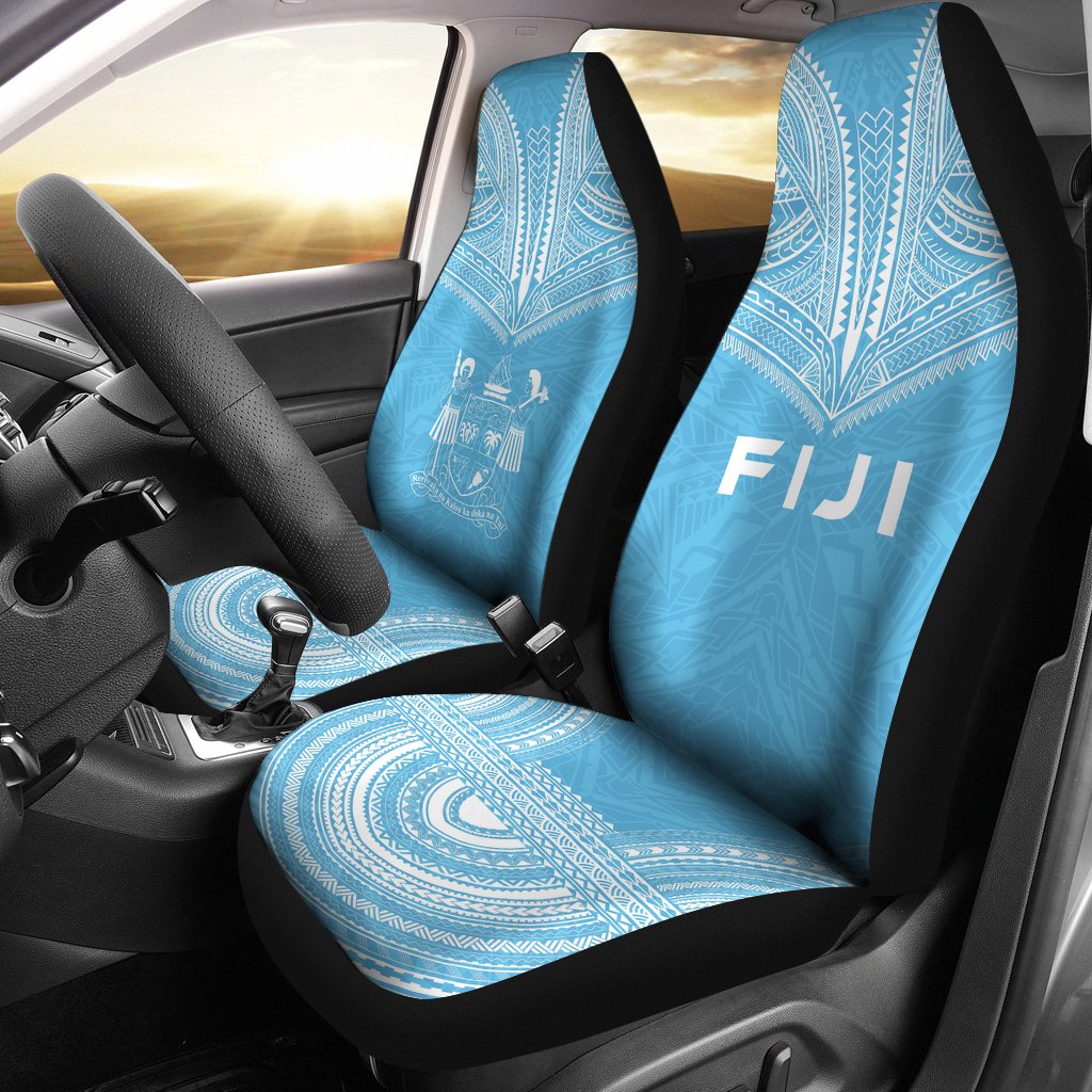 Fiji Car Seat Cover - Fiji Coat Of Arms Polynesian Chief Tattoo Light Blue Version Universal Fit Blue - Polynesian Pride