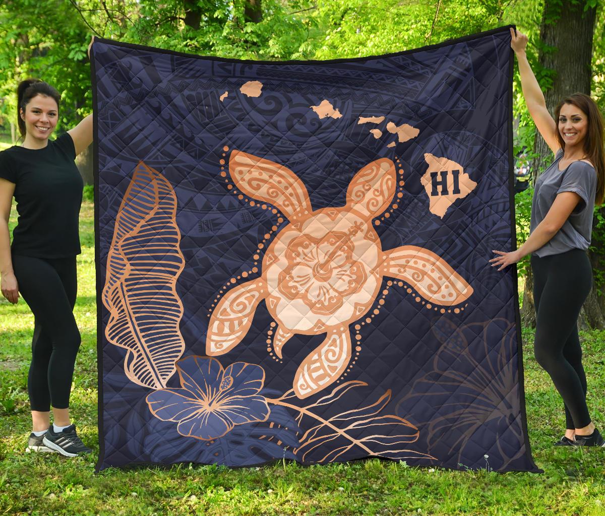 Hawaii Kakau Polynesian Turtle Map Premium Quilt - Indigo Ver 1 Blue - Polynesian Pride