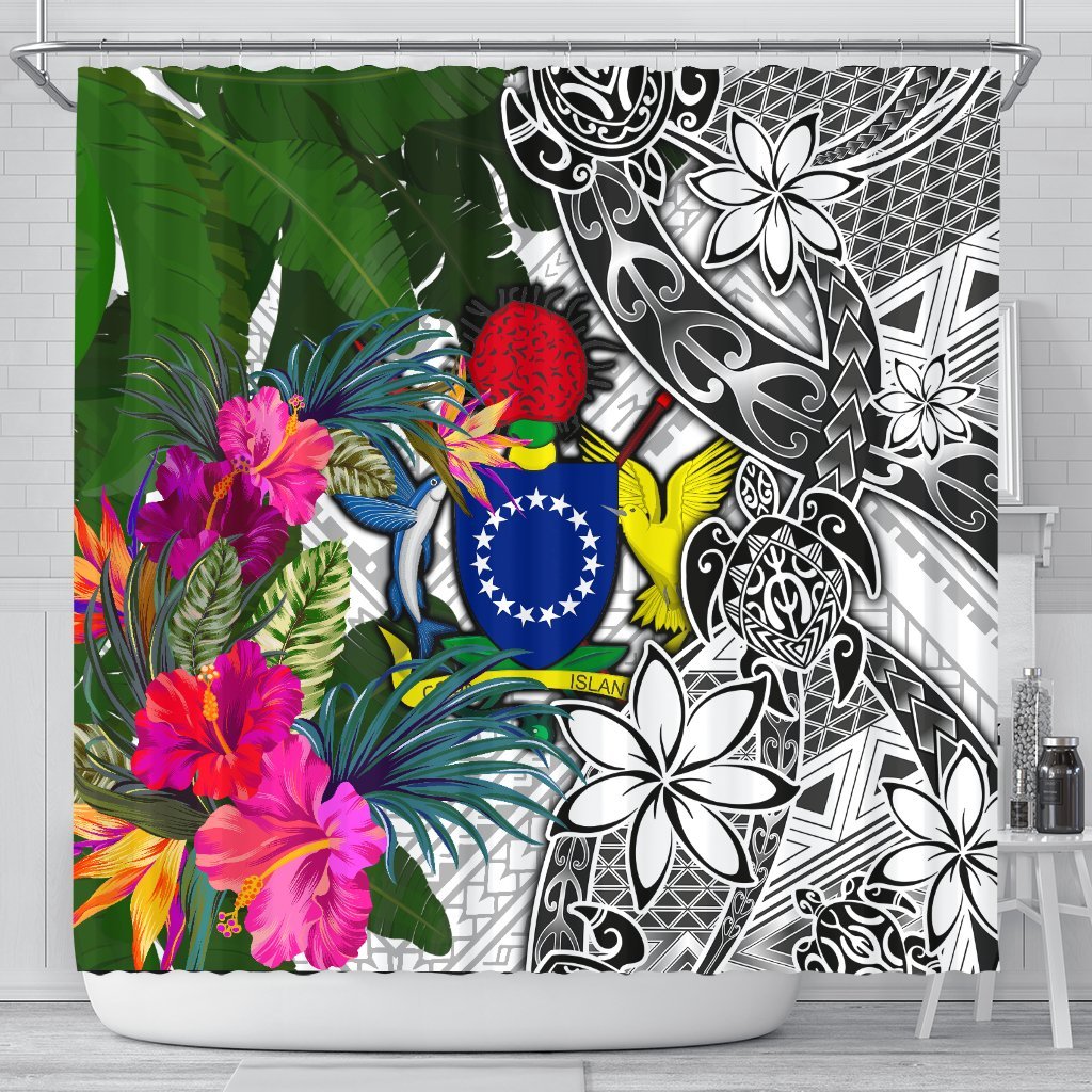 Cook Islands Shower Curtain White - Turtle Plumeria Banana Leaf 177 x 172 (cm) White - Polynesian Pride