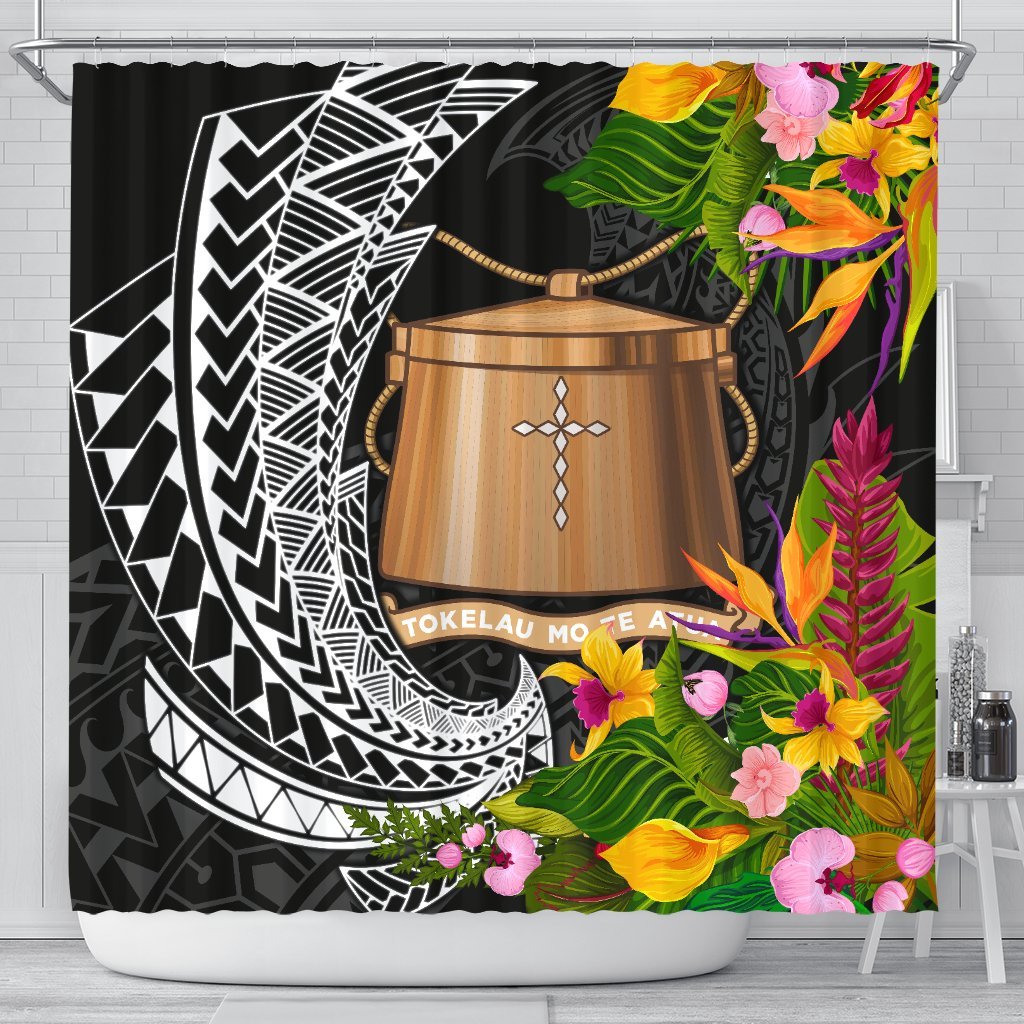 Tokelau Shower Curtains - Seal Spiral Polynesian Patterns 177 x 172 (cm) Black - Polynesian Pride