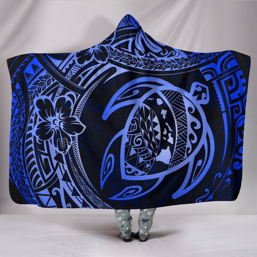 Hawaii Turtle Polynesian Blue Hooded Blanket Hooded Blanket Blue - Polynesian Pride