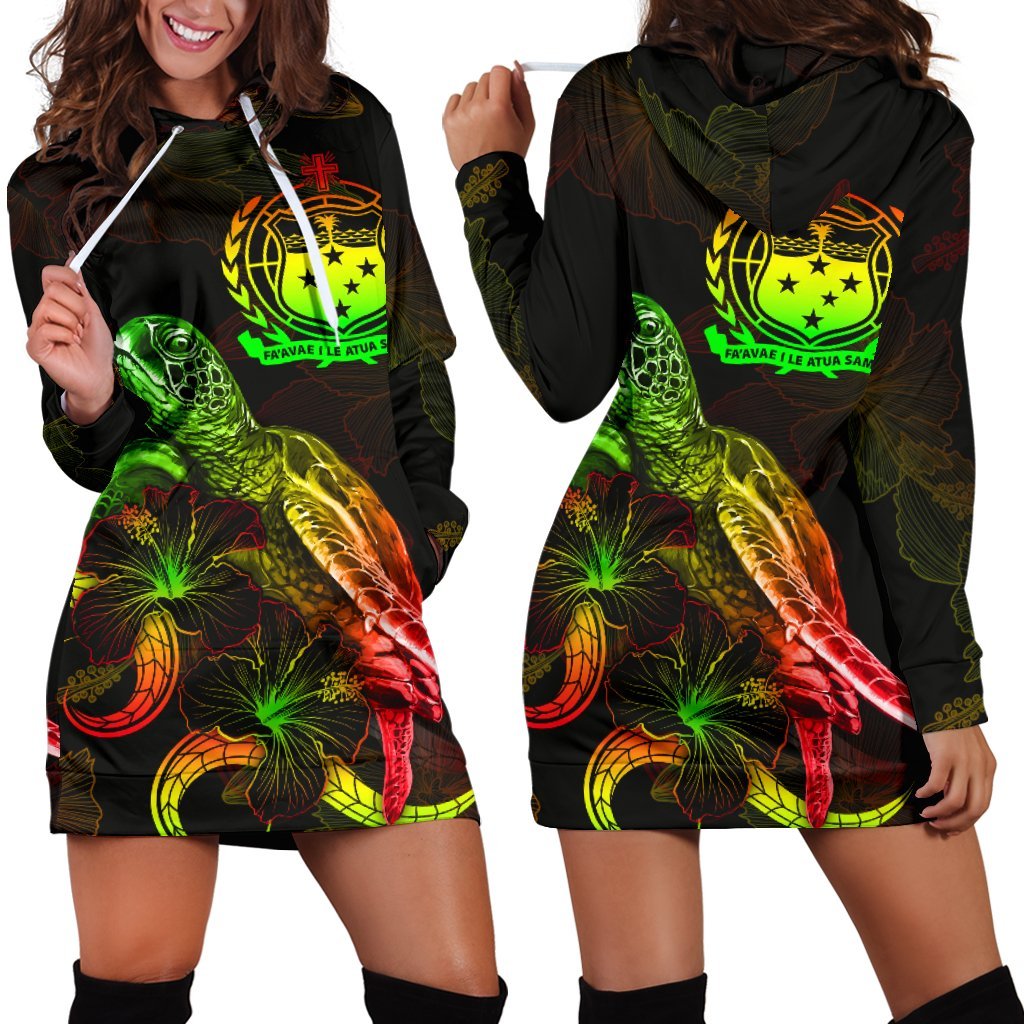 Samoa Polynesian Hoodie Dress - Turtle With Blooming Hibiscus Reggae Reggae - Polynesian Pride