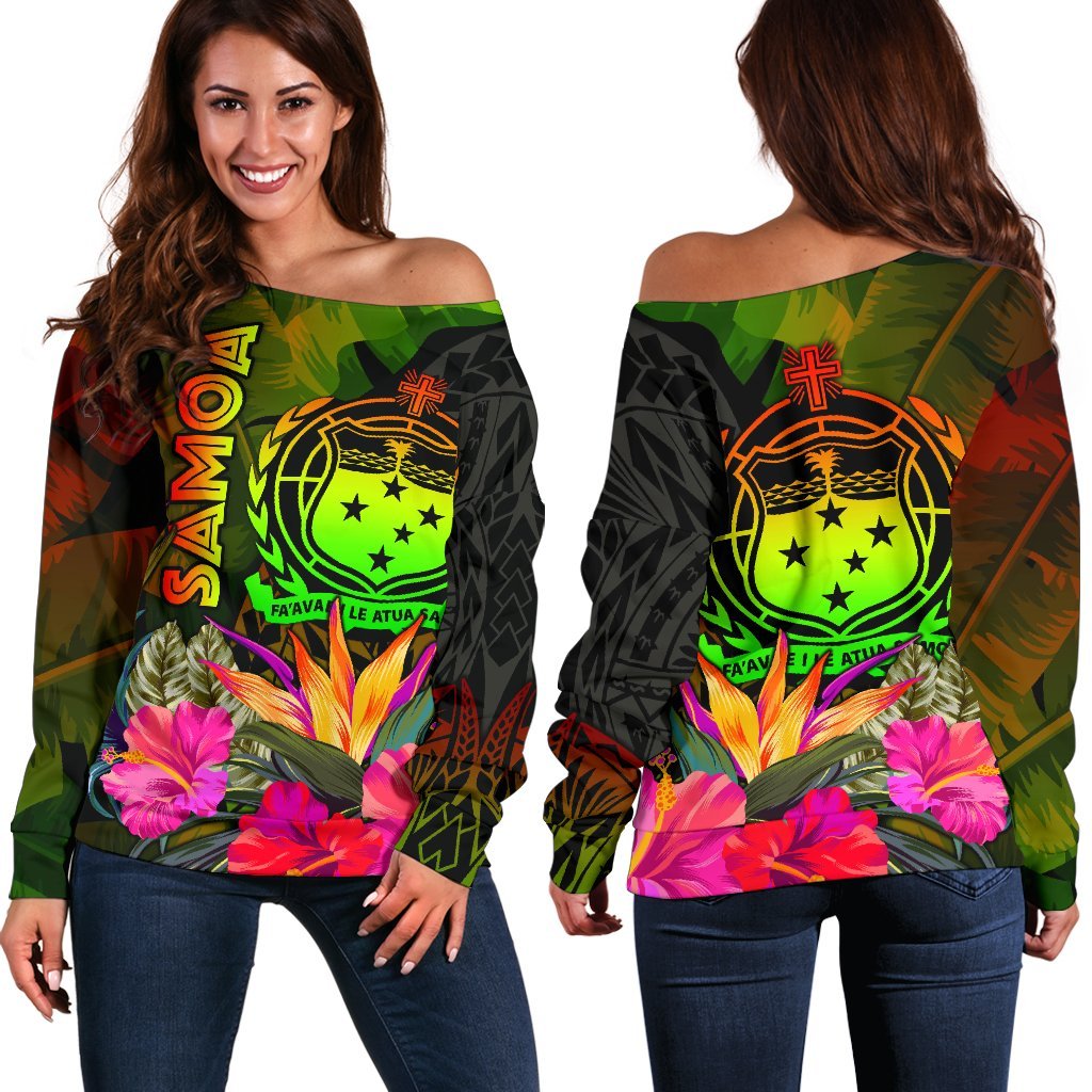 Samoa Polynesian Women's Off Shoulder Sweater - Hibiscus and Banana Leaves Art - Polynesian Pride