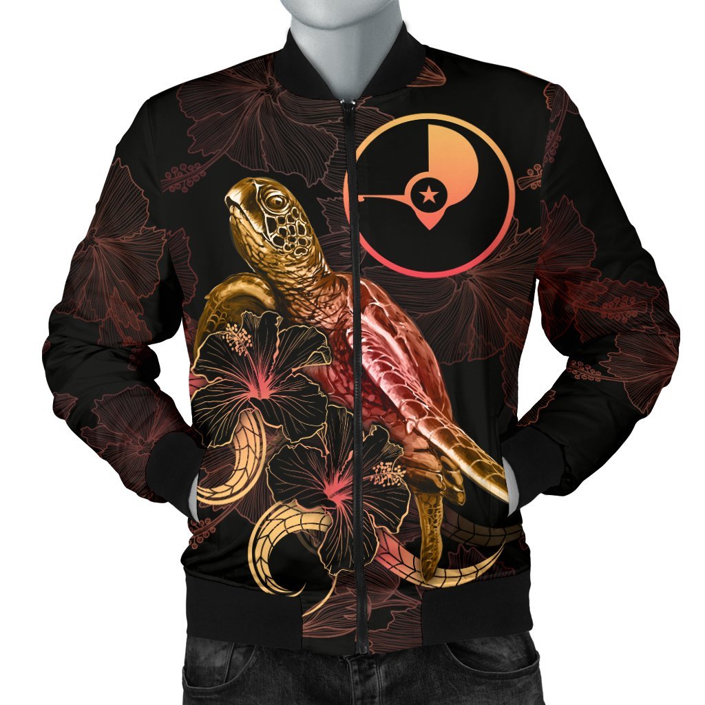 Yap Polynesian Men's Bomber Jacket - Turtle With Blooming Hibiscus Gold Gold - Polynesian Pride